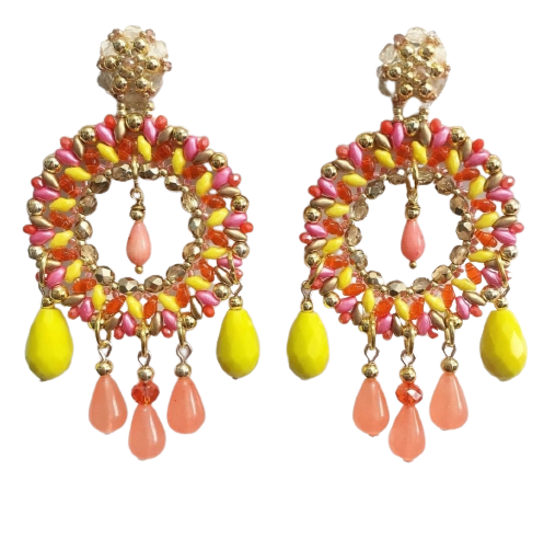 Yellow and Red Embroidered Earrings